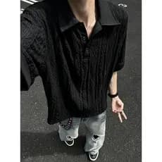 Preto oco respirável de manga curta masculino verão novo estilo textura legal malha camiseta estilo dinheiro antigo cami