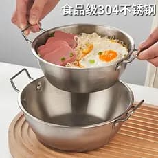Tigela de aço inoxidável 304, com alça, tigela doméstica de orelha dupla, salada de frutas, macarrão instantâneo com tam