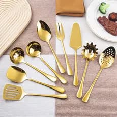 Conjunto de utensílios de cozinha de aço inoxidável banhado a ouro, conjunto de 9 peças, escorredor de sopa de alta qual