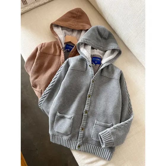 83650 Clearing Stock Jaqueta infantil de algodão puro com capuz de camada dupla para meninos e meninas suéteres cardigã