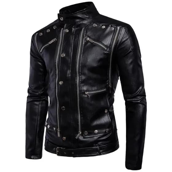 Outono inverno estilo exclusivo roupas de motocicleta gola alta jaqueta de couro masculina Casual Multi-zíper rebite jaq