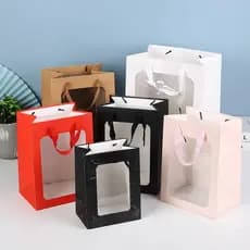 Saco de presente transparente com janela aberta, saco de papel com pino do dia das mães, saco de presente de flores, emb