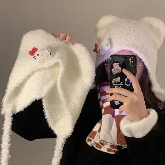 |Chapéu de inverno velo quente kt gato pelúcia malha chapéu inverno doce proteção de orelha Lei Feng chapéu rosto peludo