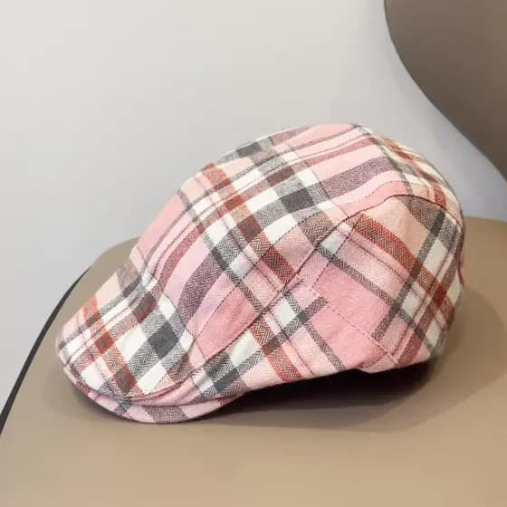 Dopamina Retro rosa xadrez frente chapéu feminino primavera verão estilo literário reverso Wear boina rosto-olhando pequ