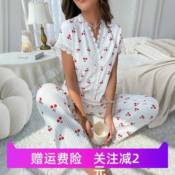 Pijama feminino com estampa de cereja, manga comprida, lapela, pode usar calças externas, terno de duas peças