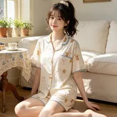 Shell bordado borda High-End pijamas feminino verão novo estilo dos desenhos animados Shorts de manga curta doce Homewea