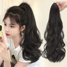 Rabo de cavalo feminino longo grampo de cabelo simulação Natural longo cabelo encaracolado onda grande alta influenciado