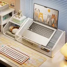 Suporte para Notebook com grade de Metal branco Prateleira de armazenamento de mesa Organizador de mesa Suporte de grade