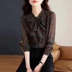 Babados bolinhas de manga comprida Chiffon camisa feminina verão 2025 novo estilo vestido de verão chique linda camisa p