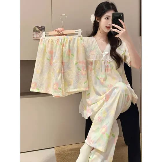 Pijamas de três peças femininos verão com almofadas no peito 2025 novo estilo nuvem algodão estilo princesa renda Floral