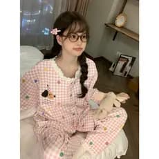 Pijamas verificados femininos primavera outono estilo colorido bolinhas filhote de cachorro japonês bonito calças de man