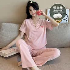 Pijamas com almofadas no peito feminino verão puro algodão calças de manga curta terno de duas peças verão estilo fino p