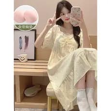 Com almofada no peito camisola de manga curta feminina verão 2026 novo estilo pijamas feminino verão estilo fino pode us