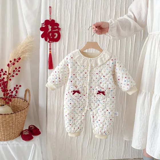 Novo estilo inverno bebê doce macacão bebê gola de renda acolchoado velo macacão roupas recém-nascidos algodão