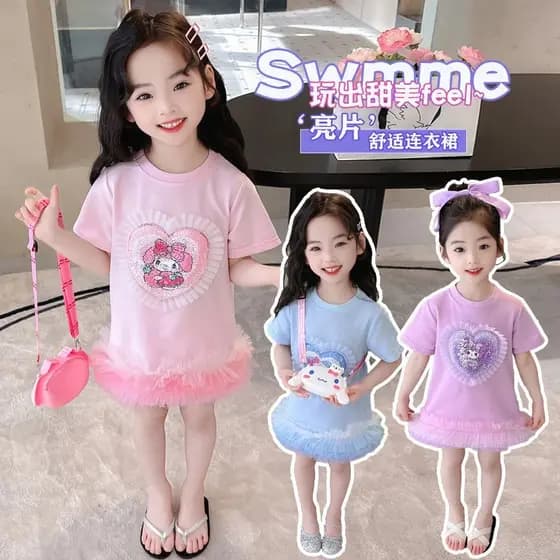 Verão meninas de manga curta Flip moletom vestido de manga curta roupas infantis vestido menina roupas de bebê vestido d