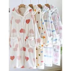 Outono inverno flanela camisola feminina de manga comprida velo quente Coral velo engrossado roupão com capuz casa