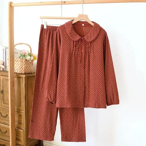Primavera outono verão estilo fino pijamas feminino puro algodão Crepe terno solto Casual tamanho grande solto Benming v