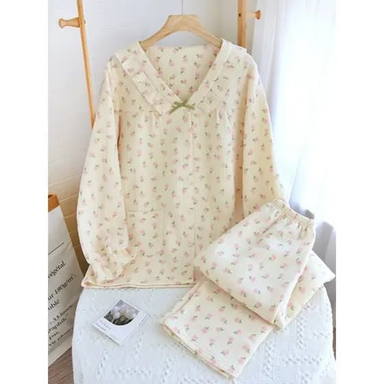 Outono inverno puro algodão pijamas feminino ar algodão três camadas acolchoado quente solto tamanho grande Cardigan Lou