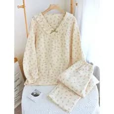 Outono inverno puro algodão pijamas feminino ar algodão três camadas acolchoado quente solto tamanho grande Cardigan Lou