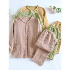 Outono inverno puro algodão pijamas feminino ar algodão três camadas acolchoado quente manga comprida cor sólida solto c