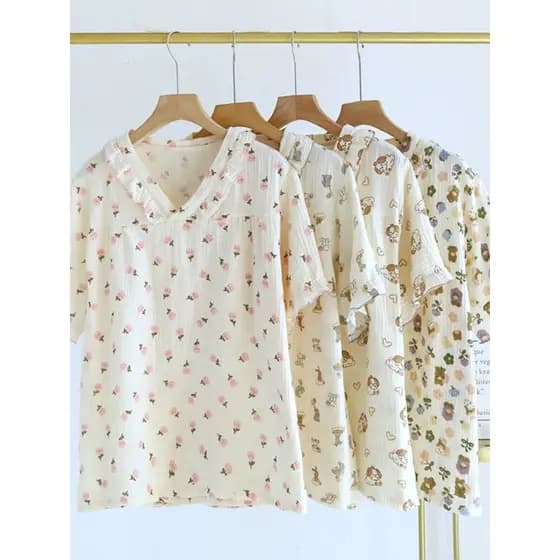 Verão pijamas de manga curta feminino única peça superior puro algodão dupla camada fio de algodão estilo fino solto est
