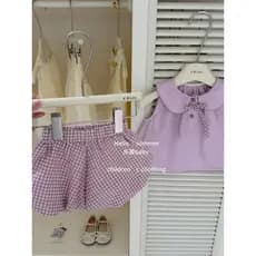 Meninas verão terno roxo boneca colarinho colete xadrez Bud calças bonito moda bebê algodão terno de duas peças