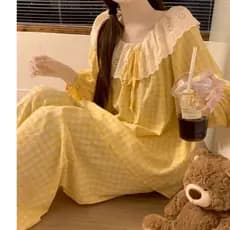 Novo estilo japonês simples xadrez pijamas feminino primavera outono estilo puro algodão de manga comprida bonito doce e