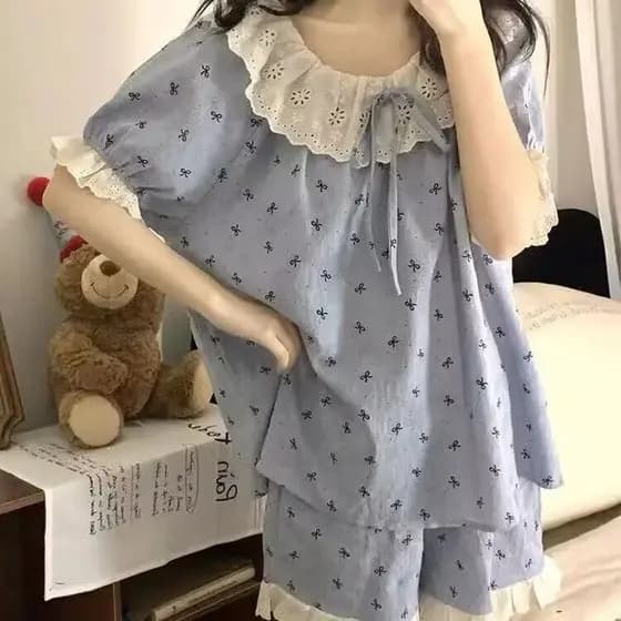Estilo princesa pijamas feminino estilo verão versão coreana doce nuvens algodão renda boneca colarinho de manga curta s