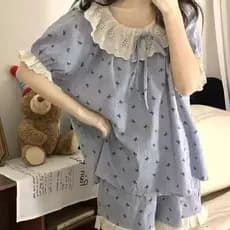 Estilo princesa pijamas feminino estilo verão versão coreana doce nuvens algodão renda boneca colarinho de manga curta s