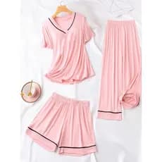 Verão Modal com nervuras gelo pijamas feminino 2025 novo estilo terno de três peças solto simples Homewear verão