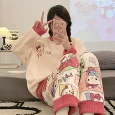 Pijamas de lã Coral feminino outono inverno 2024 novo estilo engrossado forro de lã terno bonito estudante flanela Loung