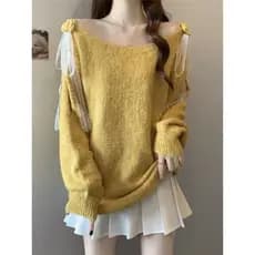 Dopamina amarelo um pescoço de manga comprida malhas camisola feminina 2026 outono Plus Size gordura mm Super bonito top