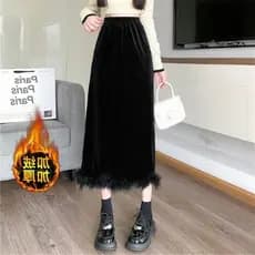 Novo estilo outono inverno forro de lã engrossado saia de veludo feminino costura borda crua comprimento médio fenda ret