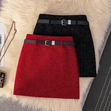 Encore vermelho brilhante seda Chenille saia feminina outono inverno novo estilo cintura alta mais magro olhar A linha s