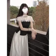 Novo estilo chinês gola alta renda manga curta topo + saia de moda feminina verão terno de duas peças Fujia filha terno