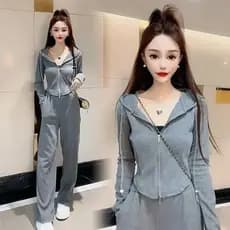 Terno esportivo casual feminino 2026 outono novo estilo com capuz Cardigan moletom calças casuais mais magro olhar elega
