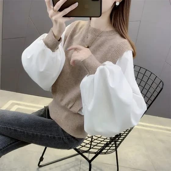 2026 Novo estilo na moda camisa manga morcego camisa em torno do pescoço falso camisola de duas peças inverno versão cor