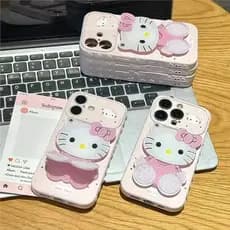 Capa De Telefone Anime Hello Kitty Para iPhone 17/16/15/13/12/11 Pro Max , Fofa De Bolinhas Kawaii Com Espelho E Suporte