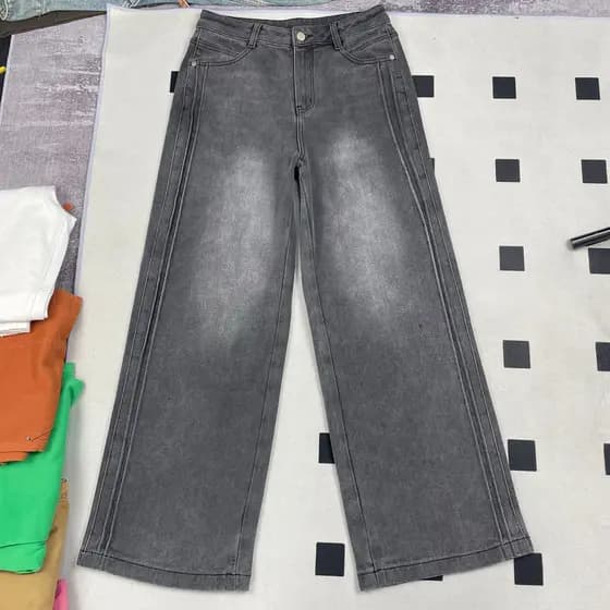 Bexini cinza perna larga Jeans velo feminino pequena primavera outono cintura alta solta pequena calça reta