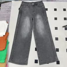 Bexini cinza perna larga Jeans velo feminino pequena primavera outono cintura alta solta pequena calça reta