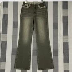 Rindo casa alta americana Retro angustiado verde oliva Jeans desgastado perna larga esfregar chão calças retas largas