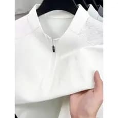 Seda gelo meio zíper gola alta manga curta camiseta masculina verão fino legal topo negócios Casual camisa Polo
