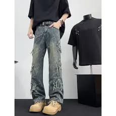 Azul claro espinho Jacquard Jeans americano High Street vibe calças masculinas verão lavado em linha reta ligeiramente a