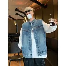 Colete jeans masculino estilo rufião estilo bonito 2025 primavera verão americano Retro Street Wear solto sem mangas col