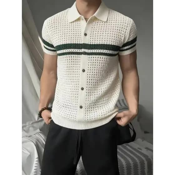 2026 verão oco lapela malha Cardigan de manga curta masculino Street Wear luz luxo moda Casual meia manga