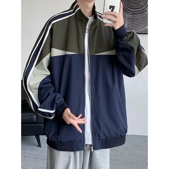Americano Casual esportes gola alta jaqueta masculina primavera outono adolescente Retro contraste costura solta zíper j
