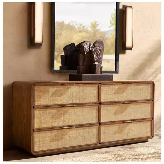 R/H Santiago Cane 6 Gavetas Penteadeira Madeira Maciça Gaveta de Rattan Mesa de Cabeceira Retro Francesa Armário Lateral
