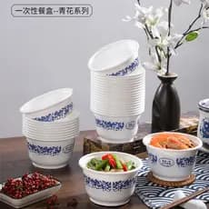 Tigela descartável de porcelana azul e branca, lancheira redonda para viagem, embalagem Bento, comida rápida, sopa, arro