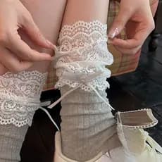 "miu série filha" meias de renda femininas estilo fino meias tubo médio primavera verão estilo fino cinza Ballet estilo