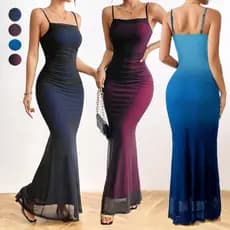 Vestido Longo Justo Alcinha Fina Tule Degradê Cauda de Sereia Ideal Para Festas e Formaturas